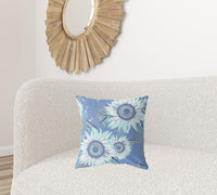 18" X 18" Blue And White Broadcloth Floral Throw Pillow