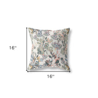 16" X 16" White, Pink And Grey Broadcloth Floral Throw Pillow