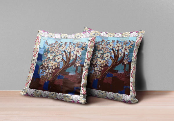 Set Of Two 16" X 16" Blue Brown Zippered Suede Floral Throw Pillow