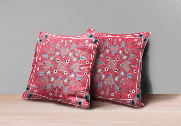 Set Of Two 16" X 16" Red Grey Blue Zippered Broadcloth Geometric Throw Pillow