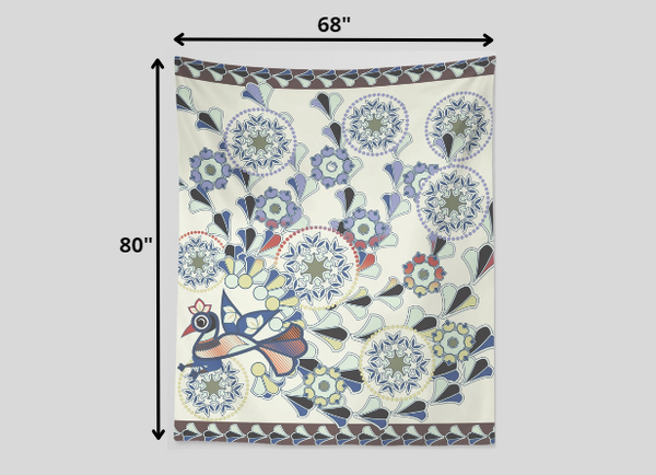 Off-White Peacock and Flowers 80" x 68" Hanging Wall Tapestry