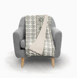 Cream Gray and Green Floral Tile Fleece and Sherpa Throw Blanket