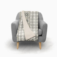 Cream Gray and Green Floral Tile Fleece and Sherpa Throw Blanket