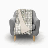 Cream Gray and Green Floral Tile Fleece and Sherpa Throw Blanket