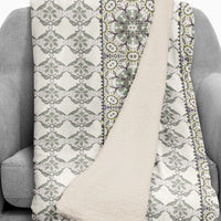 Cream Gray and Green Floral Tile Fleece and Sherpa Throw Blanket