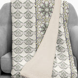Cream Gray and Green Floral Tile Fleece and Sherpa Throw Blanket