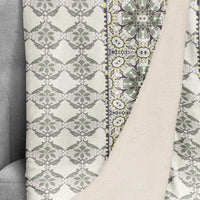 Cream Gray and Green Floral Tile Fleece and Sherpa Throw Blanket