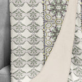 Cream Gray and Green Floral Tile Fleece and Sherpa Throw Blanket