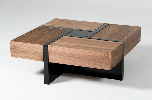 Modern Walnut and Black Square Coffee Table with Storage