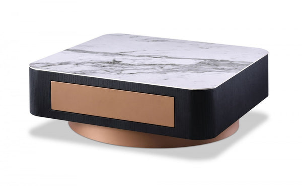Modern White Black and Rose Gold Coffee Table with One Drawer