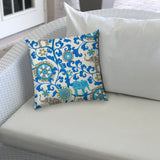 20" X 20" Blue Cream And Gray Zippered Polyester Floral Throw Pillow Cover