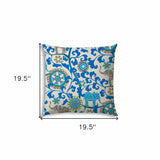 20" X 20" Blue Cream And Gray Zippered Polyester Floral Throw Pillow Cover