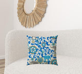 20" X 20" Blue Cream And Gray Zippered Polyester Floral Throw Pillow Cover