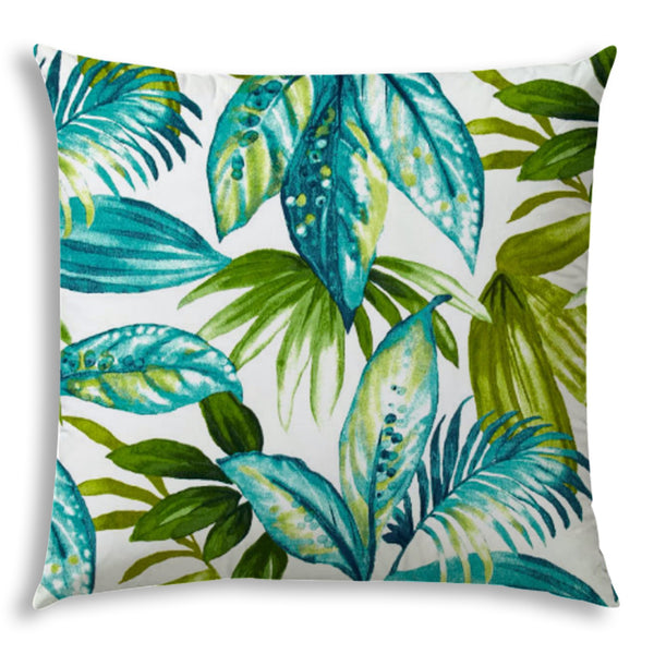 20" X 20" Teal Green And White Zippered Polyester Tropical Throw Pillow Cover