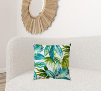 20" X 20" Teal Green And White Zippered Polyester Tropical Throw Pillow Cover