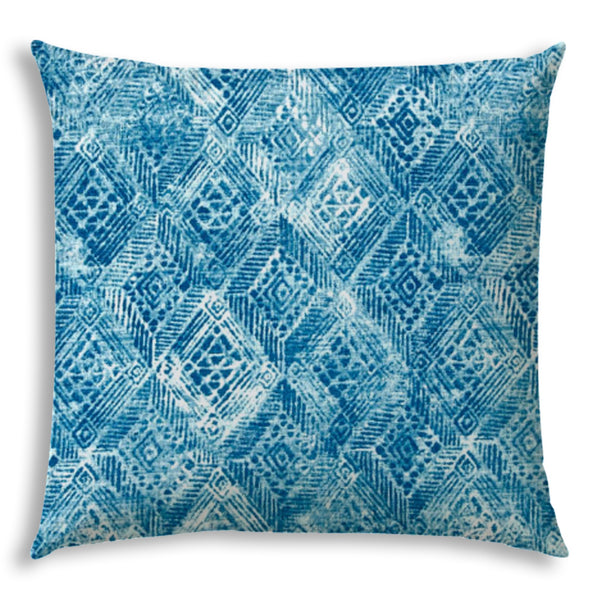 20" X 20" Blue And White Zippered Polyester Ikat Throw Pillow Cover