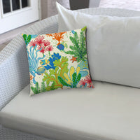 20" X 20" Green Blue And Ivory Zippered Polyester Floral Throw Pillow Cover