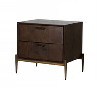 Modern Dark Mango Acacia and Brass Nightstand with Two Drawers