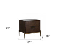 Modern Dark Mango Acacia and Brass Nightstand with Two Drawers