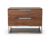 Contemporary Walnut and Stainless Steel Nightstand with Two Drawers