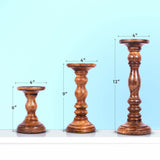 Set of Three Warm Brown Genuine Wood Hand Carved Pillar Candle Holders