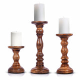 Set of Three Warm Brown Genuine Wood Hand Carved Pillar Candle Holders