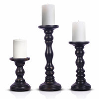 Set of Three Matte Black Genuine Wood Hand Carved Pillar Candle Holders
