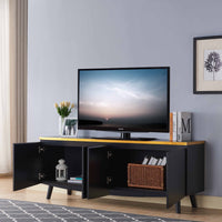 Black TV Stand with Gold Trim and Four Door Panels