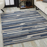 7? x 9? Blue Abstract Striped Indoor Outdoor Area Rug
