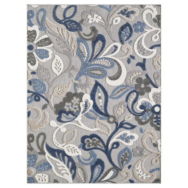 5' x 7' Blue Gray Jacobean Floral Indoor Outdoor Area Rug