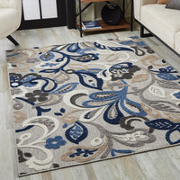 5' x 7' Blue Gray Jacobean Floral Indoor Outdoor Area Rug