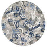 8? Round Blue Gray Jacobean Floral Indoor Outdoor Area Rug