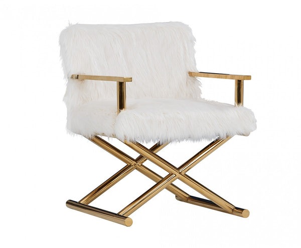 Stylish White Faux Fur And Gold Steel Chair