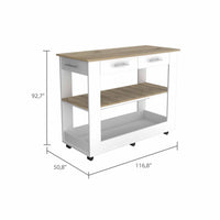 Light Oak and White Kitchen Island with Drawer Shelves and Casters