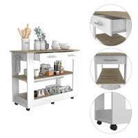Light Oak and White Kitchen Island with Drawer Shelves and Casters