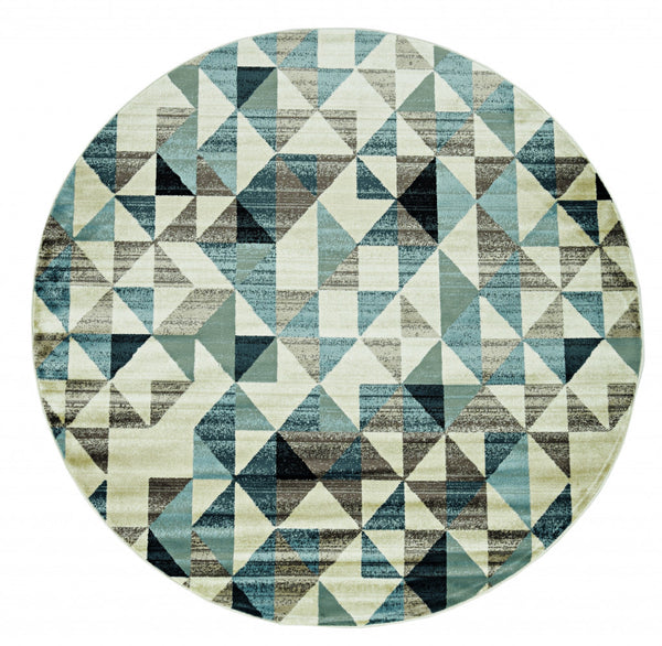 8? Round Blue Beige Nested Diamonds Modern Area Rug