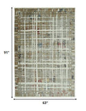 5? x 8? Ivory Khaki Distressed Plaid Area Rug