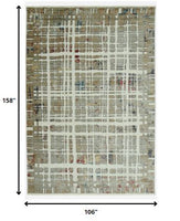 9? x 13? Ivory Khaki Distressed Plaid Area Rug