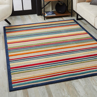 8? x 10? Navy Colorful Striped Indoor Outdoor Area Rug