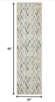 2? x 8? Beige Blue Distressed Chevron Runner Rug