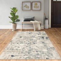2? x 8? Beige Blue Abstract Tiles Distressed Runner Rug