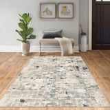 3? x 5? Beige Blue Abstract Tiles Distressed Area Rug
