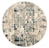 8? Round Beige Blue Abstract Tiles Distressed Area Rug