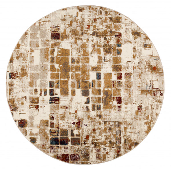 8? Round Brown Beige Abstract Tiles Distressed Area Rug