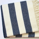 Cream and Navy Blue Slanted Stripe Fringed Throw Blanket