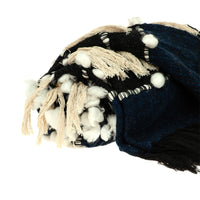 Navy Blue Boho Woven Handloom Throw with Pom Pom