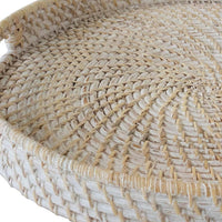 18" Whitewash Round Rattan Indoor Outdoor Handmade Tray With Handles