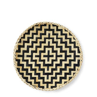 13" Black And Natural Round Wicker Geometric Handmade Tray With Handles