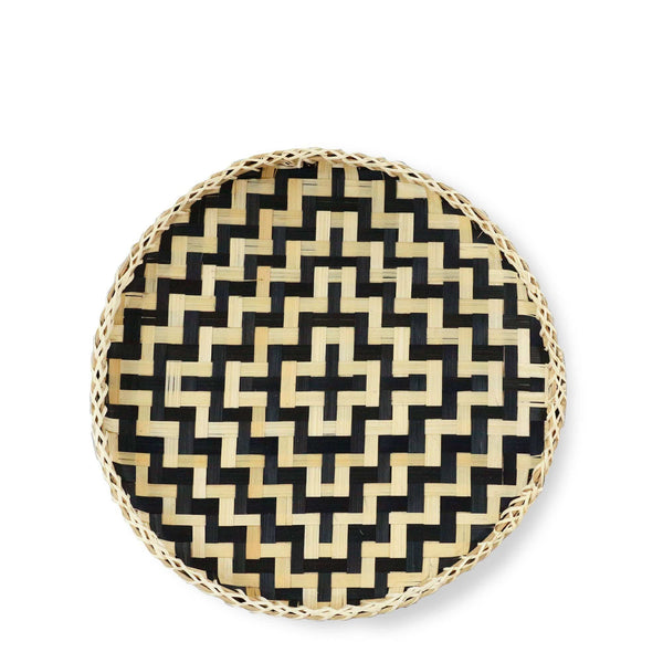 13" Black And Natural Round Wicker Geometric Handmade Tray With Handles