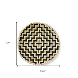 13" Black And Natural Round Wicker Geometric Handmade Tray With Handles